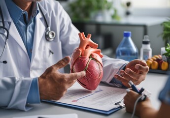 Cardiologist professionals utilize virtual interface to analyze patient's heart and blood arteries, utilizing medical technology to identify and address heart problems in healthcare. - obrazy, fototapety, plakaty