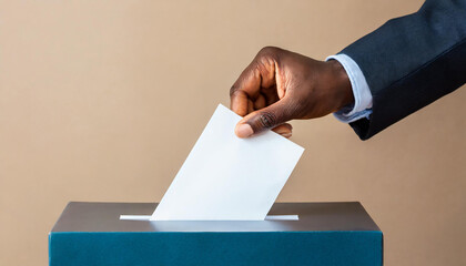 African American male hand putting vote in ballot box against ivory background. Ballot box with man casting vote on white blank voting slip