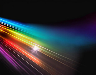 Fototapeta na wymiar Black background with rainbow flare overlay and copy space for text. Colorful streaks of light, vibrant colors on dark background