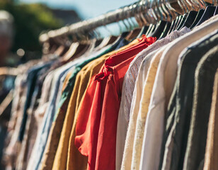 Obraz premium Close up of colorful clothes in second hand clothing shop, charity shop, thrift store, street market