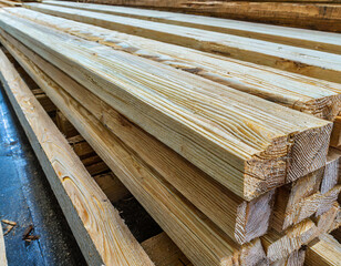 Close up view of pine wood timber, industrial lumber material for detailed examination