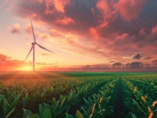 Una turbina eolica è un dispositivo che converte l'energia cinetica del vento in energia elettrica. al tramonto su un terreno coltivato con dati infografici informativi come design di banner 