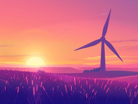 Una turbina eolica è un dispositivo che converte l'energia cinetica del vento in energia elettrica. al tramonto su un terreno coltivato con dati infografici informativi come design di banner 