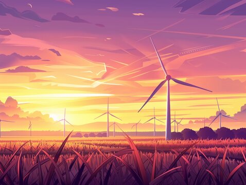 Una turbina eolica è un dispositivo che converte l'energia cinetica del vento in energia elettrica. al tramonto su un terreno coltivato con dati infografici informativi come design di banner 