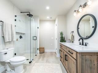 Sleek, modern bathroom with a frameless glass shower, minimalist design, and clean lines throughout.