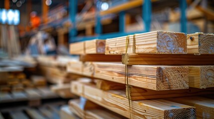 Innovative Construction Materials and Methods on Display in Warehouse Storing Stacks of Wooden Lumber and Beams for Industrial and Commercial