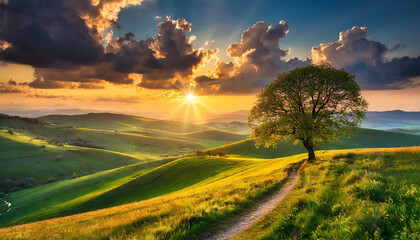 Spring evening landscape with trees and sun in cloudy sky. Beautiful nature