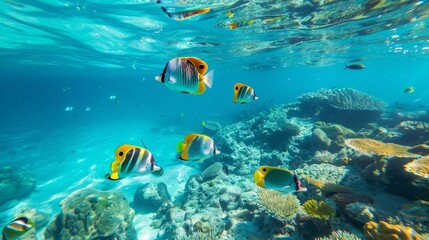 Naklejka na ściany i meble Group of colorful tropical fish swimming near a coral reef