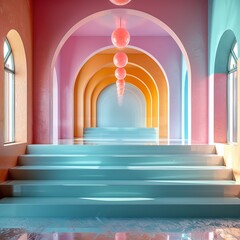 liminal space, pastel, arches, stairs, pink, blue, orange, yellow, green, 8k, unreal engine