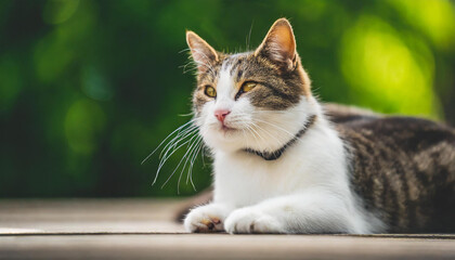Obraz premium Flea cat itching its neck with paw on porch in outdoors