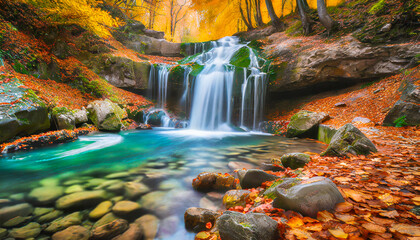 Autumn waterfall with stones and colorful leaves on the ground