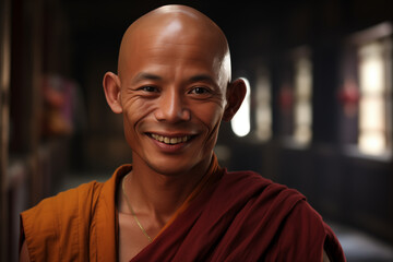 Smiling Buddhist monk. Buddhist religion. Taoism religion. Topics related to the Buddhist religion. Meditation, yoga. Confucianism. Monk's retreat. AI. - obrazy, fototapety, plakaty