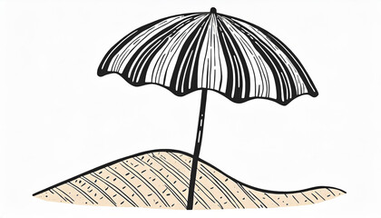 Hand drawn striped parasol with sand isolated on background. Black white umbrella icon.  doodle illustration. Summer vacation, beach holiday, sea shore clipart for cards, web