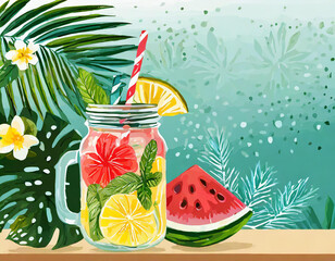 Hand drawn summer greeting card, invitation with lemonade drink in mason jar. Watermelon and pineapple fruit with tropical palm leaves and hibiscus flower.  illustration, web banner - obrazy, fototapety, plakaty