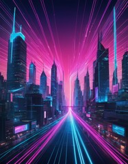 A futuristic cyberpunk cityscape with vibrant neon pink and blue lights, depicting high-speed data streams.