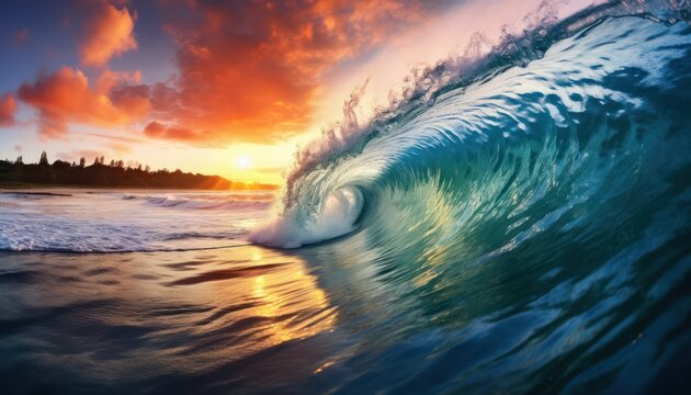 Beautiful sunset reflection on the wave. Powerful storm surge before gurgling and foaming, ocean wave panoramic background