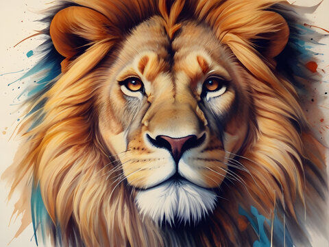 Amazing Illustration Art Abstract painting concept. Colorful artistic lion on lines and curves background. Animals. water color