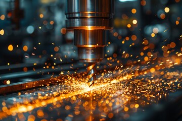 A high-speed industrial cutting tool generates a shower of orange sparks, showcasing manufacturing power