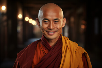 Smiling Buddhist monk. Buddhist religion. Taoism religion. Topics related to the Buddhist religion. Meditation, yoga. Confucianism. Monk's retreat. AI. - obrazy, fototapety, plakaty