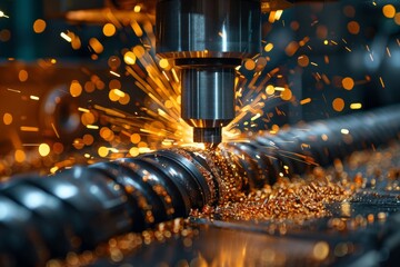 Close-up of a metal milling cutter at high speed, creating a shower of sparks in a showcase of modern industrial technology and machinery - obrazy, fototapety, plakaty