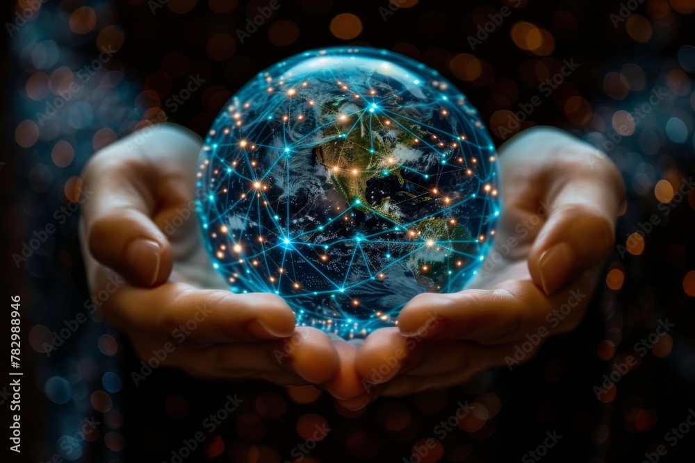 Poster hands extend a network-themed globe against a bokeh background with a strategically obscured face to