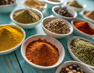 Vivid spice palette with assorted spices in artistic bowls and containers, vibrant presentation