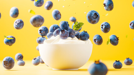 Fresh blueberries falling into creamy yoghurt on yellow background. Various dairy products advertisement template package design