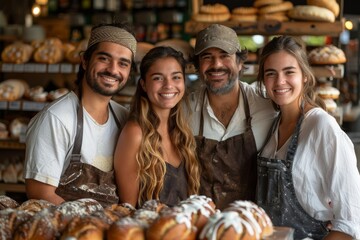 A diverse group of bakery employees pose with a cheerful camaraderie