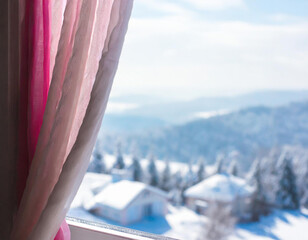 white background delicate soft color pink curtain on the window, in a blurred snow-white blur bokeh, snowfall design, blank, abstract - obrazy, fototapety, plakaty