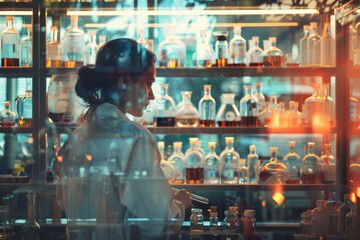 Fototapeta premium Celebrating Chemist Day with laboratory equipment and colorful chemicals.