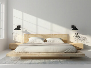 Clean and modern bedroom featuring a platform bed against a soft gray wall. Stylish and sleek.