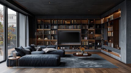 Living room interior, minimalist style, straight sofa in the center of the room, in pastel gray tones, with bright accents in the interior, maximum realism, high quality, 8k, isolated edges