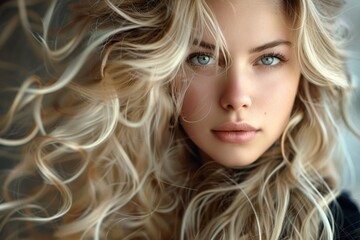 Naklejka premium Portrait of a young woman with striking blue eyes and wavy blonde hair