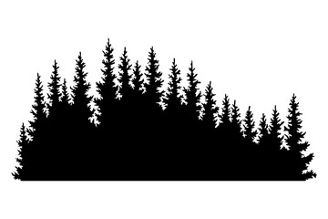Fir trees silhouette. Coniferous spruce horizontal background pattern, black evergreen woods  illustration. Beautiful hand drawn panorama of coniferous forest - obrazy, fototapety, plakaty