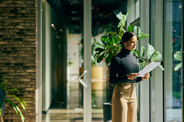 A businesswoman standing in the hall of the workspace building, reading a document by the window.