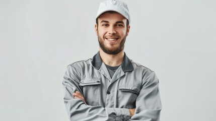  portrait of a cleaner in a work uniform, smiling, front view. White background, studio lighting, soft light, day, real image, realistic, real life, social media, publish, high quality, high resolutio - obrazy, fototapety, plakaty