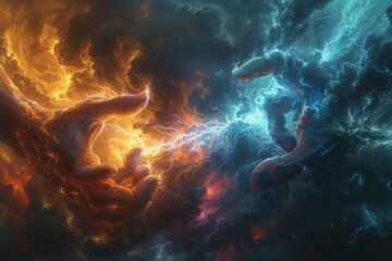 A dramatic scene where two celestial-inspired hands engage over a gorgeously rendered nebula, symbolizing epic encounters