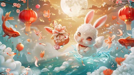The Chinese New Year zodiac illustration features a cute rabbit, koi fish, blossom, lantern, and water waves. The text reads, "Farewell to the old year and welcome to the new.". - Powered by Adobe