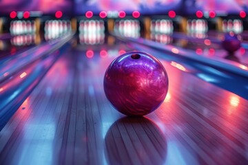 A vibrant purple bowling ball positioned ready for action on a glowing bowling alley under neon lights - obrazy, fototapety, plakaty