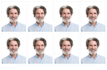 Fototapeta premium Passport photo, collage. Man on white background, set of photos