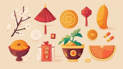 On a beige background, traditional Chinese holiday objects are shown, including an orange, a blossom and a candy basket.
