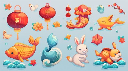 Collection of Chinese elements, including water waves, koi fish, rabbit, lantern, and flower. Ideal for Mid Autumn Festivals.