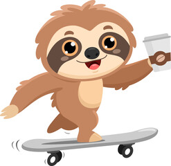 Fototapeta premium Funny Cute Sloth Cartoon Character Skateboarding With Coffee. Vector Illustration Flat Design Isolated On Transparent Background