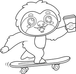 Fototapeta premium Outlined Funny Cute Sloth Cartoon Character Skateboarding With Coffee. Vector Hand Drawn Illustration Isolated On Transparent Background