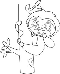 Fototapeta premium Outlined Funny Cute Sloth Cartoon Character Eating A Leaf. Vector Hand Drawn Illustration Isolated On Transparent Background