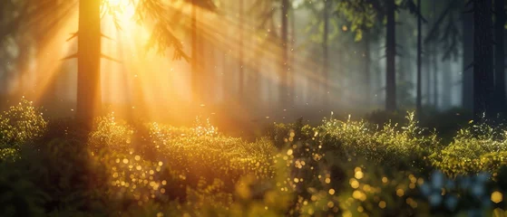 Selbstklebende Fototapete Morgen mit Nebel Close up of amazing mystical rising mist fog dust forest woods trees landscape panorama banner with sun sunlight sunshine and sunbeams sunshine rays 