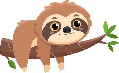 Fototapeta premium Funny Cute Sloth Cartoon Character Lies On Thick Branch Of Tree. Vector Illustration Flat Design Isolated On Transparent Background
