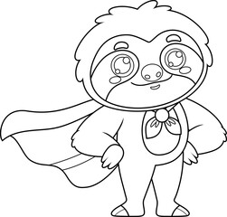 Fototapeta premium Outlined Funny Cute Sloth Cartoon Character SuperHero. Vector Hand Drawn Illustration Isolated On Transparent Background