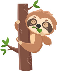 Naklejka premium Funny Cute Sloth Cartoon Character Eating A Leaf. Vector Illustration Flat Design Isolated On Transparent Background