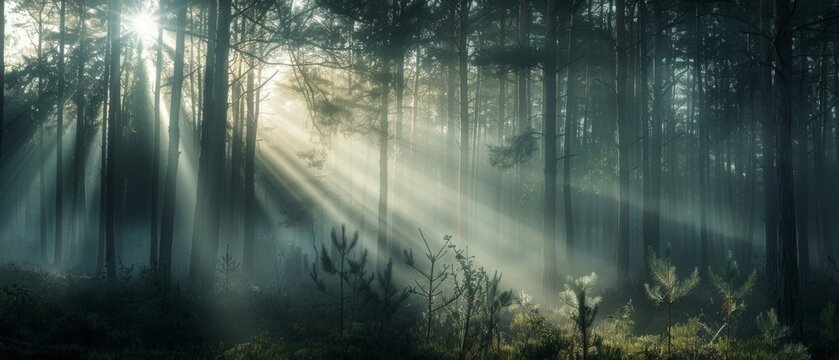 Fototapeta Close up of amazing mystical rising mist fog dust forest woods trees landscape panorama banner with sun sunlight sunshine and sunbeams sunshine rays 